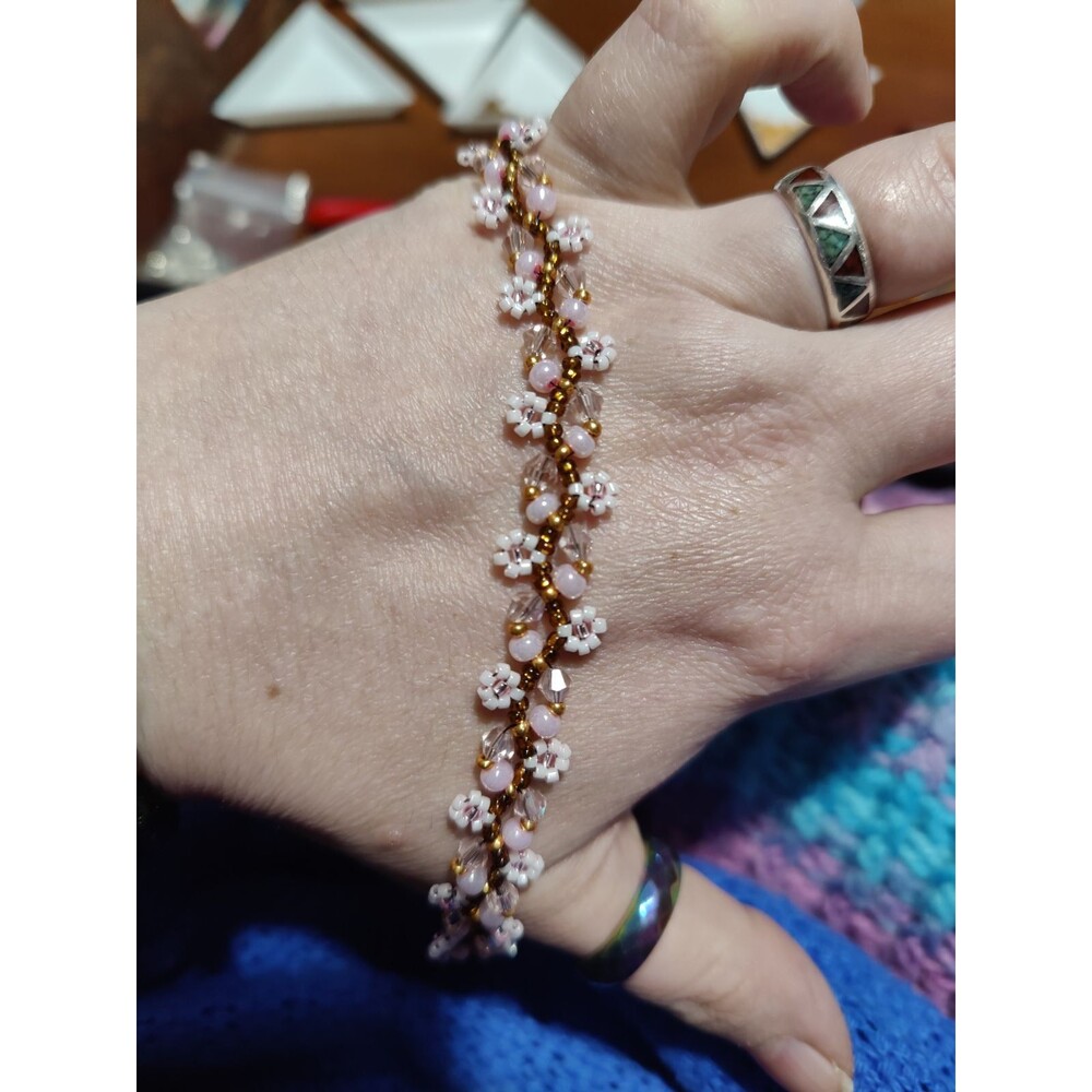 Handmade Pink Flowers & Jewels Bracelet
